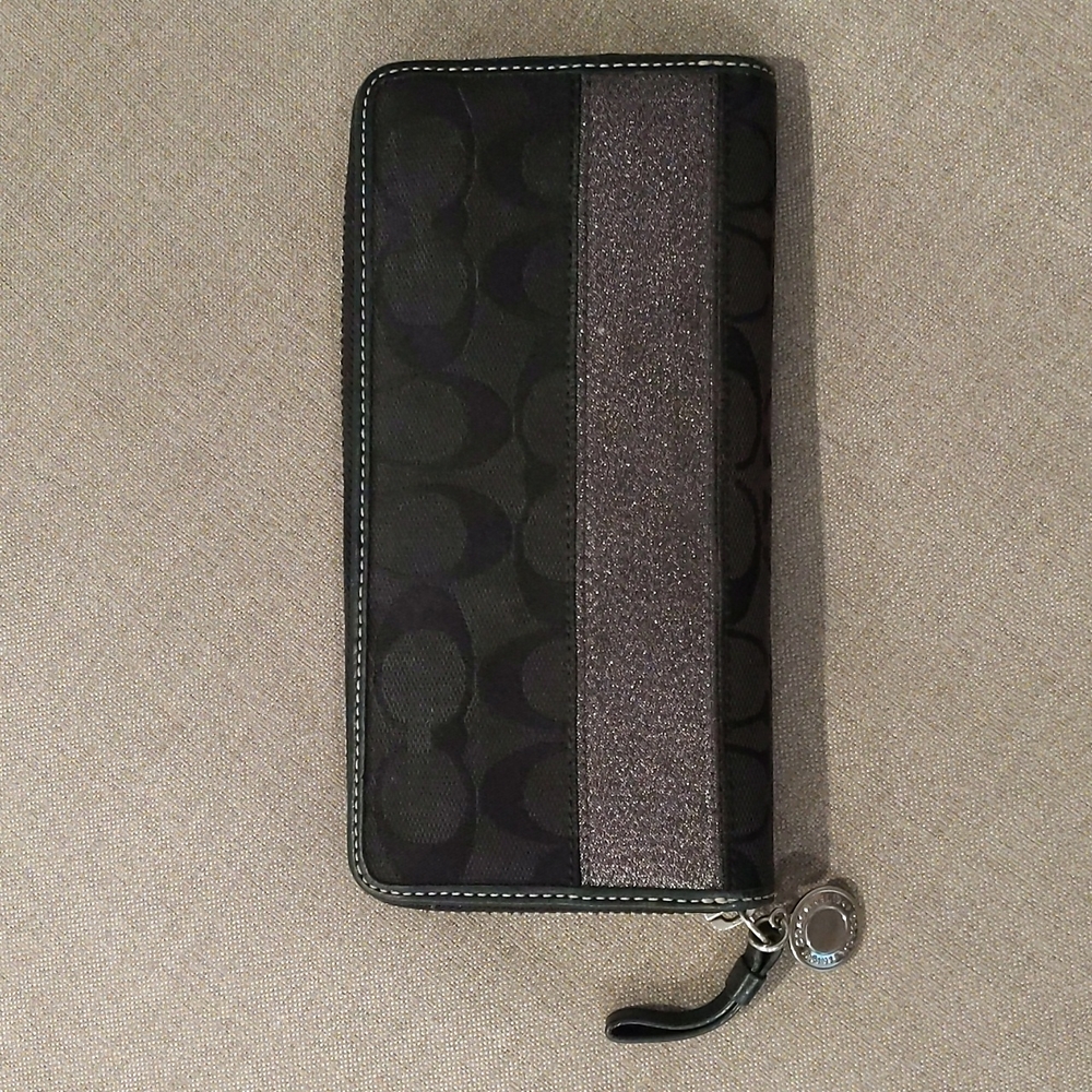 COACH Signature Lurex Stripe Legacy Accordion Zipper Wallet #40753 Black/Silver
